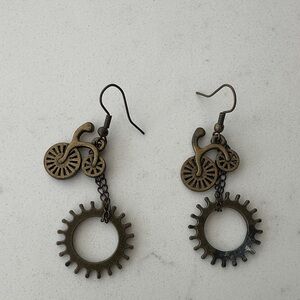 Steampunk Bicycle Gear Dangle Earrings - Bronze Tone